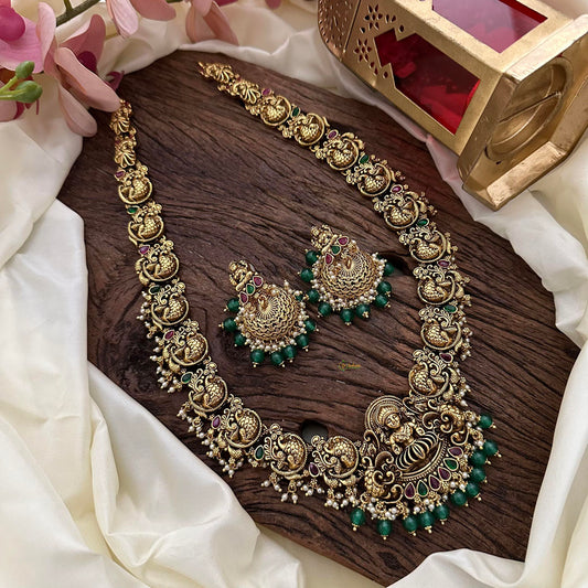 Antique Lakshmi Long Neckpiece-Green Bead-Pearl-G14135