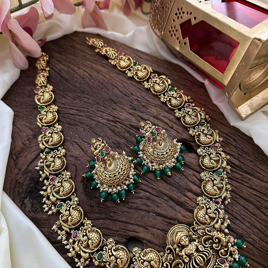 Antique Lakshmi Long Neckpiece-Green Bead-Pearl-G14135