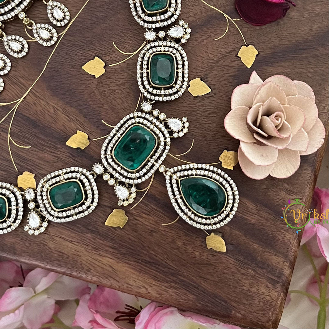 Premium Green Victorian Diamond Pendant Neckpiece  - VV1338