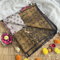 Black Kalamkari Saree with Kanchi Border-VS4143