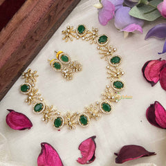Vriksham Grand Look Oval Shape With Leaf AD Stone Neckpiece-Green-G20581