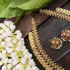 Vriksham Dual Peacock Kemp Stone Kaasumala-Lakshmi Coin Neckpiece-Pastel Green Bead-G21319