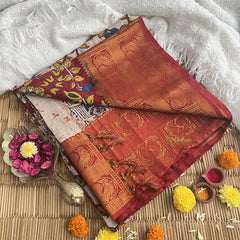 Beige Kalamkari Saree with Kanchi Border-VS4152