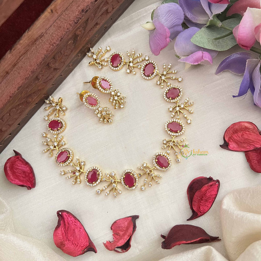 Vriksham Grand Look Oval Shape With Leaf AD Stone Neckpiece-Red-G20582