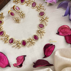 Vriksham Grand Look Oval Shape With Leaf AD Stone Neckpiece-Red-G20582