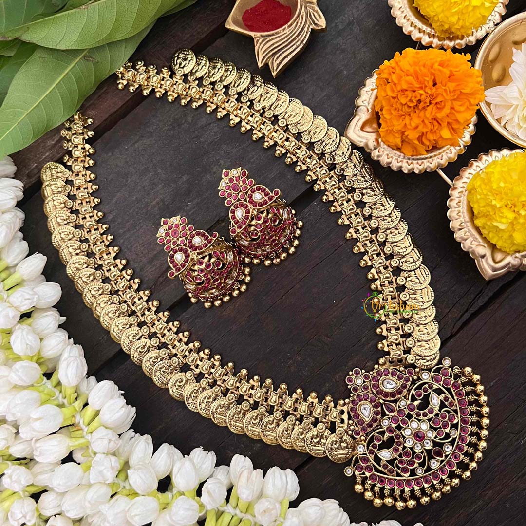 Vriksham Dual Maanga with Peacock Coin Haram-Kaasumala-Red White-Gold Bead-G21320