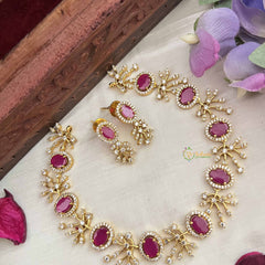 Vriksham Grand Look Oval Shape With Leaf AD Stone Neckpiece-Red-G20582
