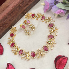 Vriksham Grand Look Oval Shape With Leaf AD Stone Neckpiece-Red-G20582