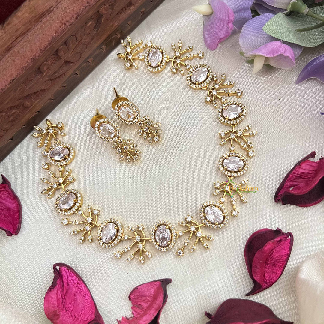 Vriksham Grand Look Oval Shape With Leaf AD Stone Neckpiece-White-G20583