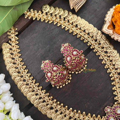 Vriksham Dual Maanga with Peacock Coin Haram-Kaasumala-Red White-Gold Bead-G21320