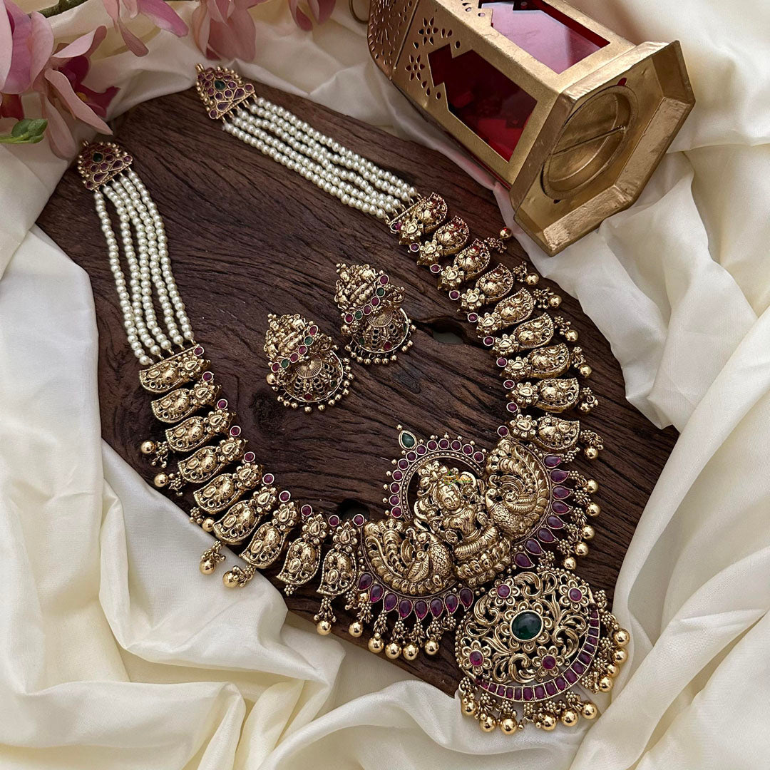 Exquisite Layered Mayil Lakshmi Long Neckpiece-Gold Beads-Pearl-G14107