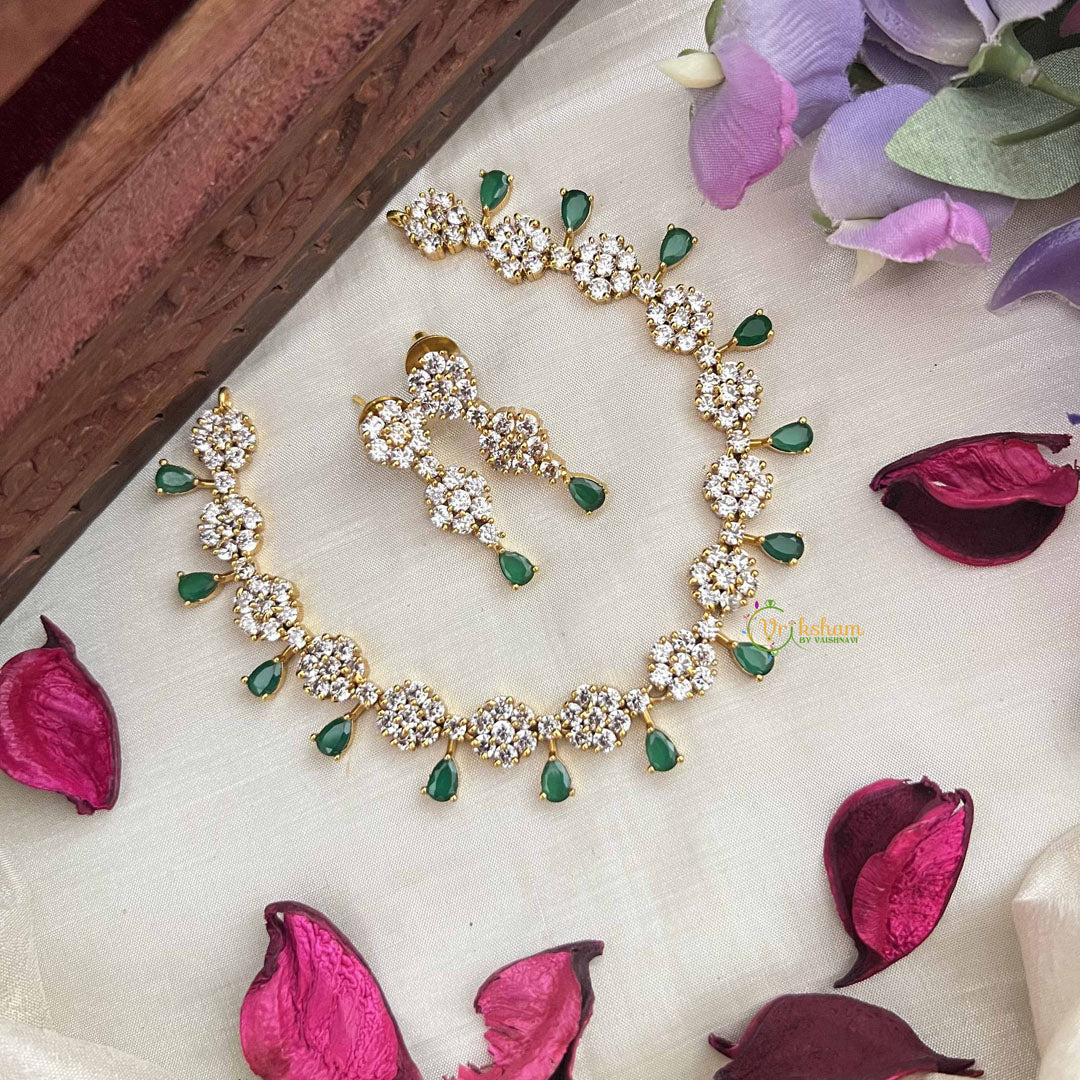 Vriksham Premium Party Ware Floral AD Stone Neckpiece-Green-G20580