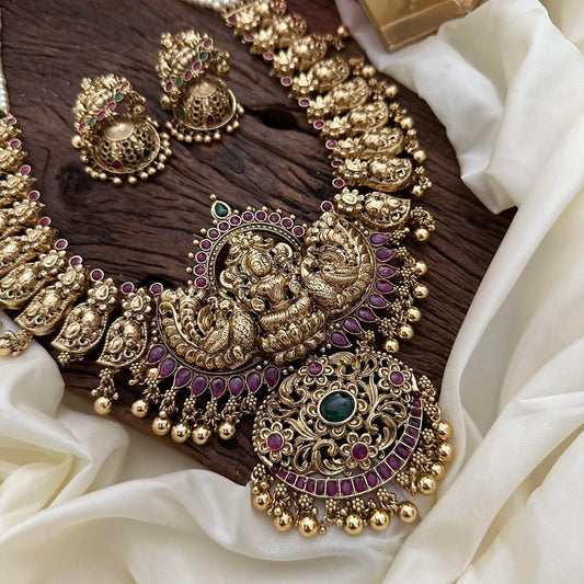 Exquisite Layered Mayil Lakshmi Long Neckpiece-Gold Beads-Pearl-G14107