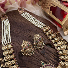 Exquisite Layered Mayil Lakshmi Long Neckpiece-Gold Beads-Pearl-G14107