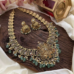 Gold Alike Peacock Long Neckpiece-Aqua Green Beads-Pearl-G14109