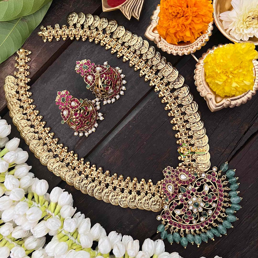 Vriksham Dual Maanga with Peacock Coin Haram-Kaasumala-Pastel Green Bead-G21323