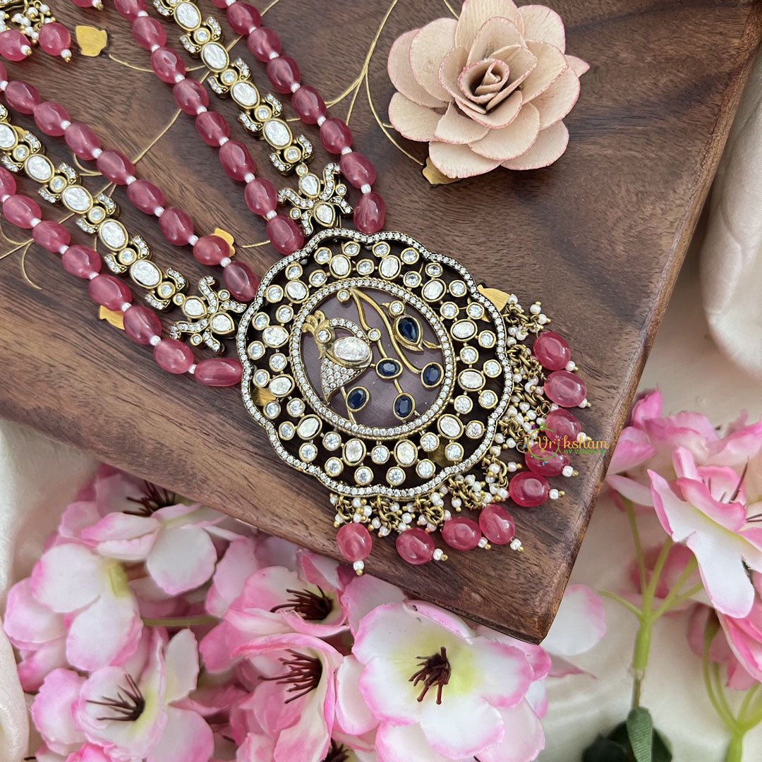 Premium 3 Layer Victorian Diamond Peacock Pendant Haram-Pink Bead-VV1789