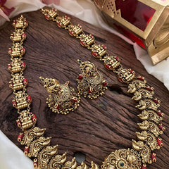 Premium Peacock Lakshmi Long Neckpiece-Gold Beads-Coral-G14104