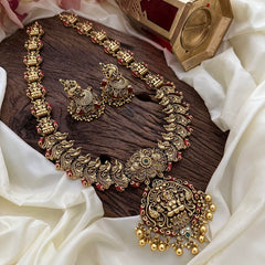 Premium Peacock Lakshmi Long Neckpiece-Gold Beads-Coral-G14104