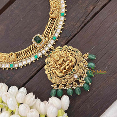 Vriksham Jalebi Lakshmi Pendant Long Neckpiece-Green Bead-Green-G21324