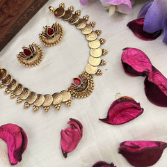 Vriksham Golden Lakshmi Coin With Lotus With Red & Green Stone Choker Neckpiece-G20567