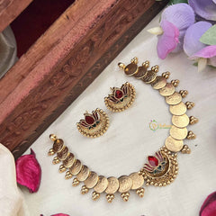 Vriksham Golden Lakshmi Coin With Lotus With Red & Green Stone Choker Neckpiece-G20567