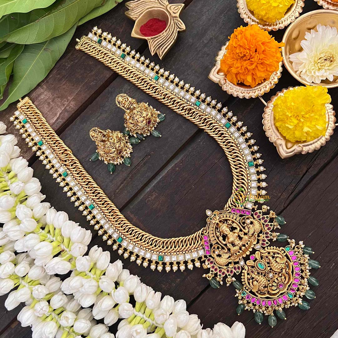 Vriksham Lakshmi With Dual Peacock Jalebi Style Long Neckpiece-Pastel Green Bead-G21325