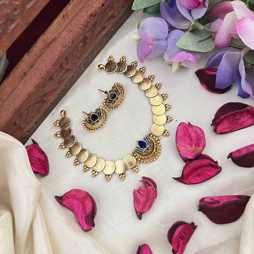 Vriksham Golden Lakshmi Coin With Lotus With Blue & Green Stone Neckpiece-G20568