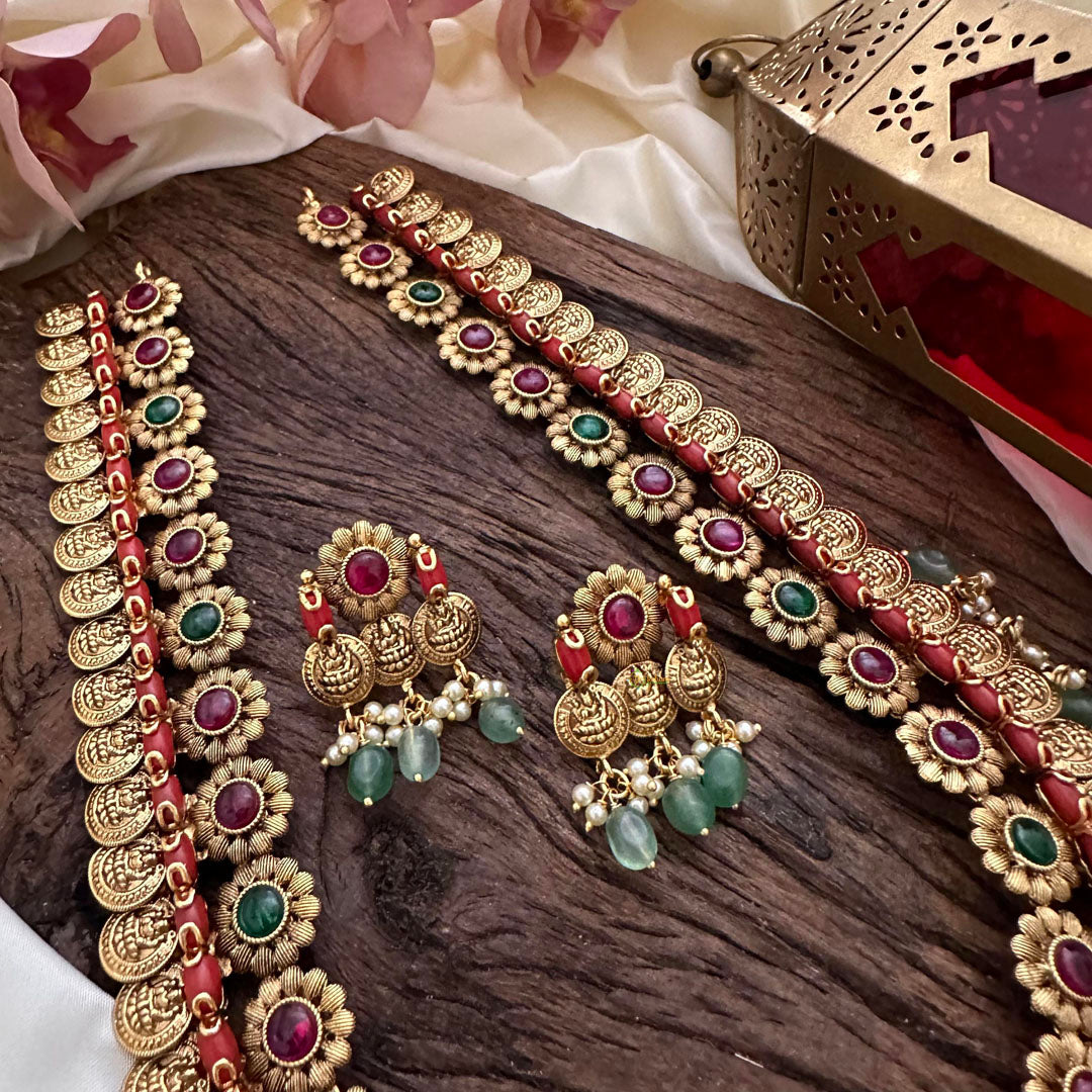 Premium Long Coin Haram-Coral-Aqua Green Beads-Pearl-G14122