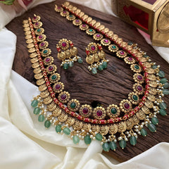 Premium Long Coin Haram-Coral-Aqua Green Beads-Pearl-G14122