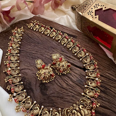 Designer Peacock Long Neckpiece-Coral-Gold Beads-G14114