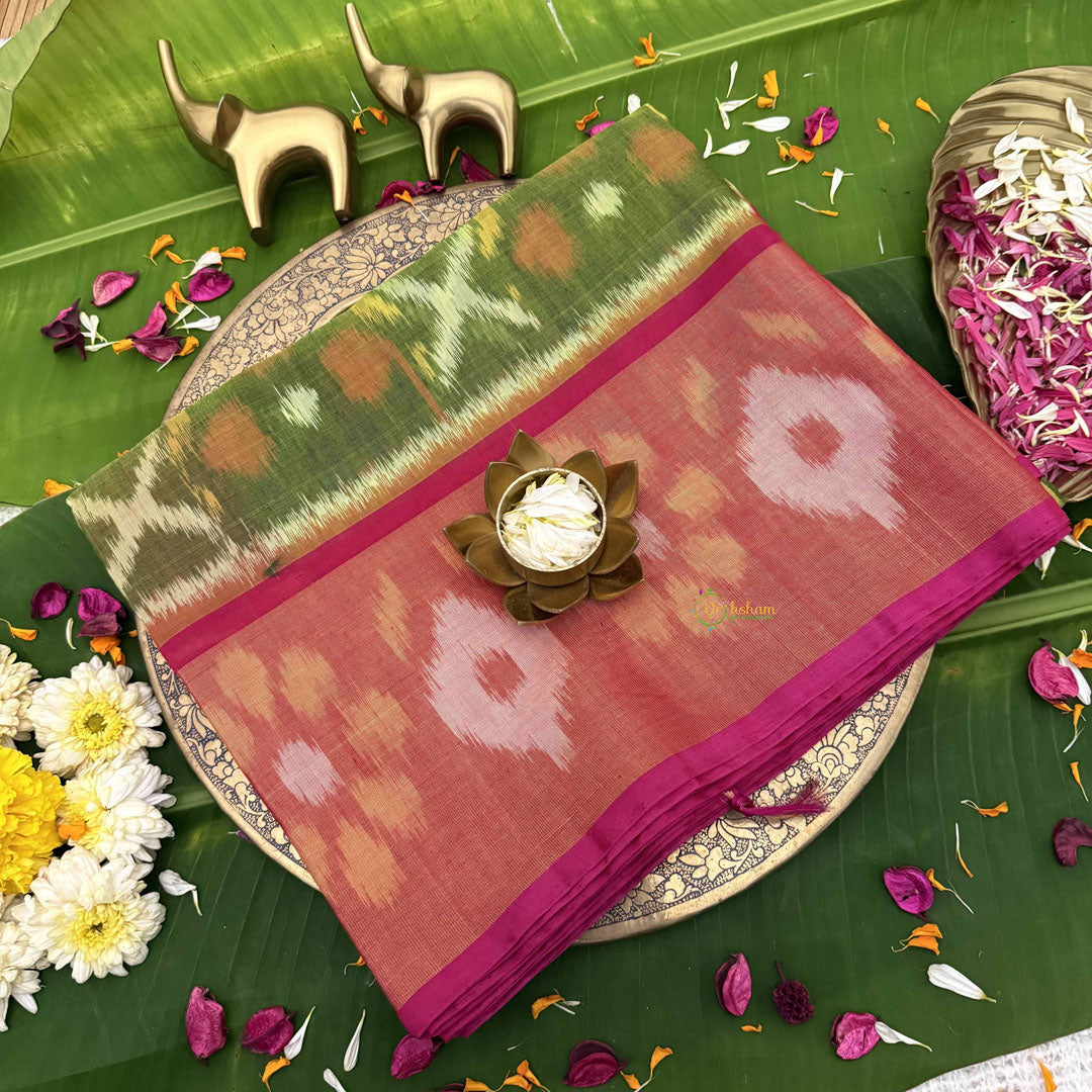 Vriksham Handwoven Pochampally Olive Green & Terracotta With Floral Burst Motifs Ikkat Silk-Cotton Saree-VS4735