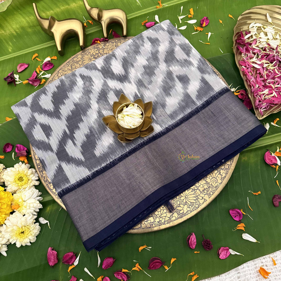 Vriksham Handwoven Pochampally Grey & Off White Zigzag Ikkat Silk-Cotton Saree-VS4733