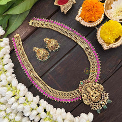 Vriksham Jalebi Style Lakshmi Pendant Long Neckpiece-Red-Pastel Green Bead-G21327