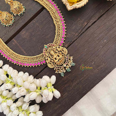 Vriksham Jalebi Style Lakshmi Pendant Long Neckpiece-Red-Pastel Green Bead-G21327