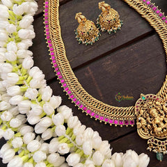 Vriksham Jalebi Style Lakshmi Pendant Long Neckpiece-Red-Pastel Green Bead-G21327