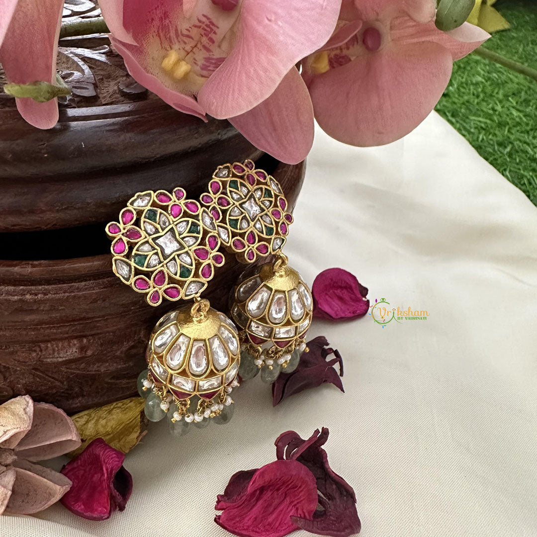 Exclusive Jadau Kundan Jhumka-Aqua Green Beads-J2440
