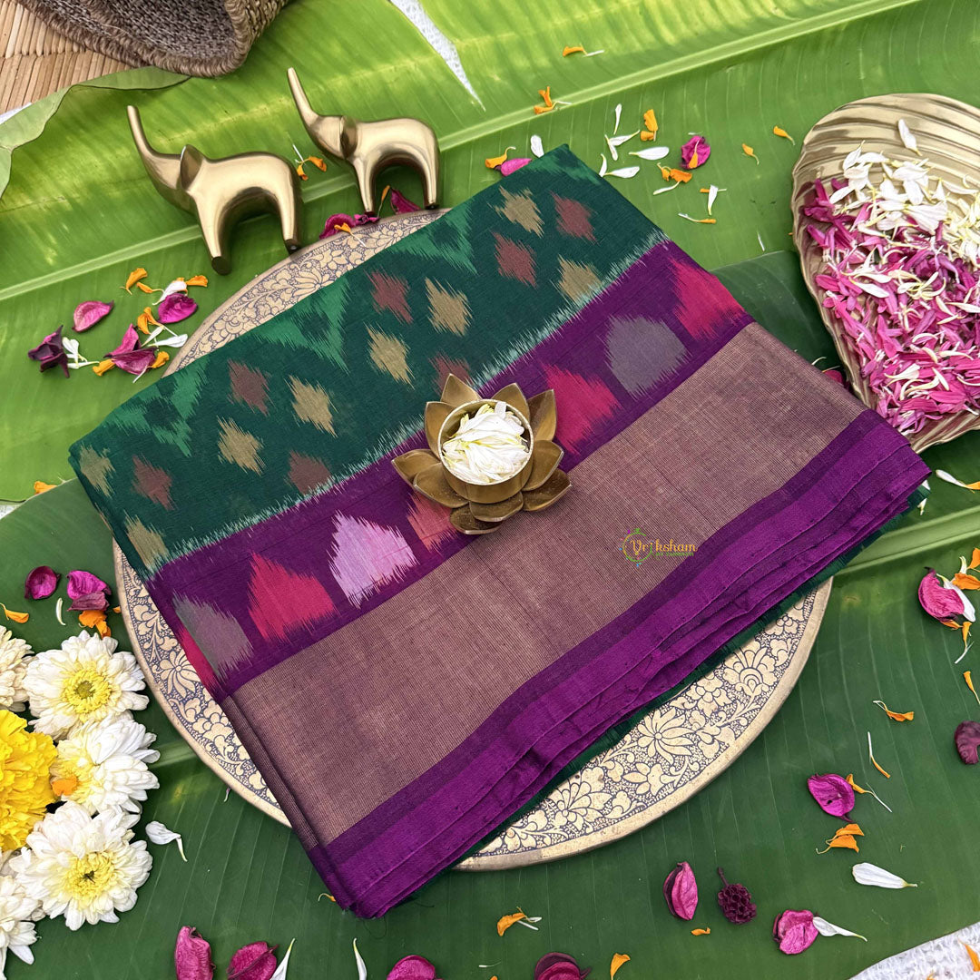 Vriksham Handwoven Pochampally Green & Deep Purple With Diamond & Multi-Arrow Motifs Ikkat Silk-Cotton Saree-VS4738
