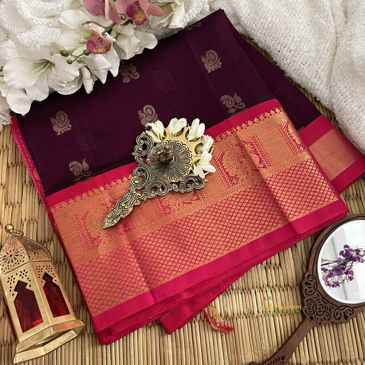 Grape Wine Color with Magenta Border Silk Cotton Saree-Handloom-VS3362