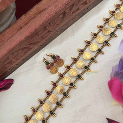 Vriksham Temple Glow Lakshmi Coin Green Red Stone Neckpiece-G20571