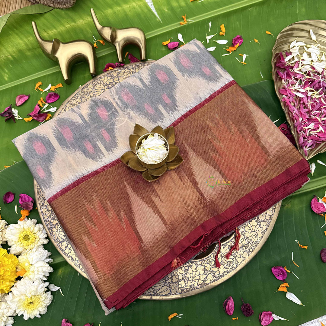 Vriksham Handwoven Pochampally Ivory & Maroon Rustic Charm With Subtle Floral Motifs  Ikkat Silk-Cotton Saree-VS4740