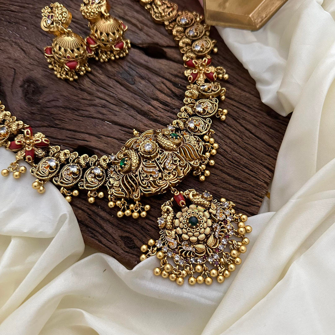 Antique AD Stone Long Neckpiece-Coral-Gold Beads-G14116
