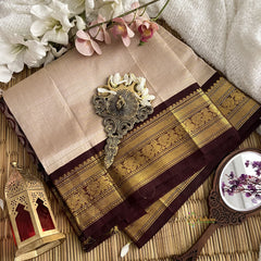 Cream with Brown Border Silk Cotton Saree-Handloom-Vairaoosi Podi Kattam-VS3363