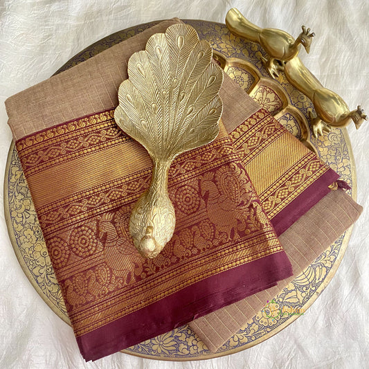 Wood Colour Kanchi Cotton Saree with Thick Golden Border - Handloom - VS3696