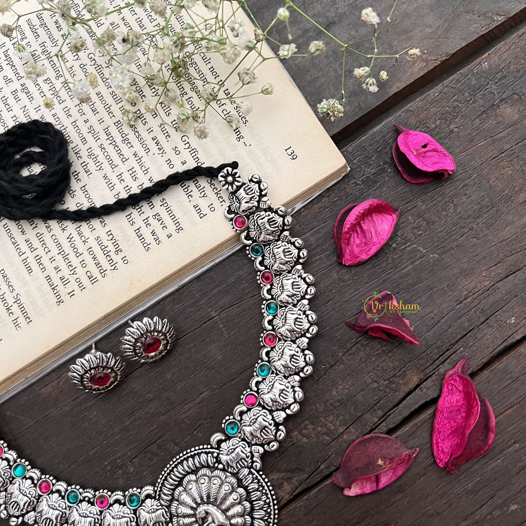 Vriksham Antique Oxidized Silver Peacock Temple Neckpiece-Red & Teal-S909