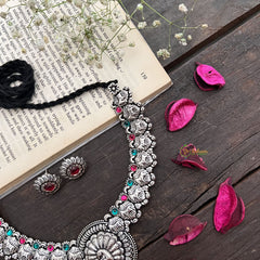 Vriksham Antique Oxidized Silver Peacock Temple Neckpiece-Red & Teal-S909