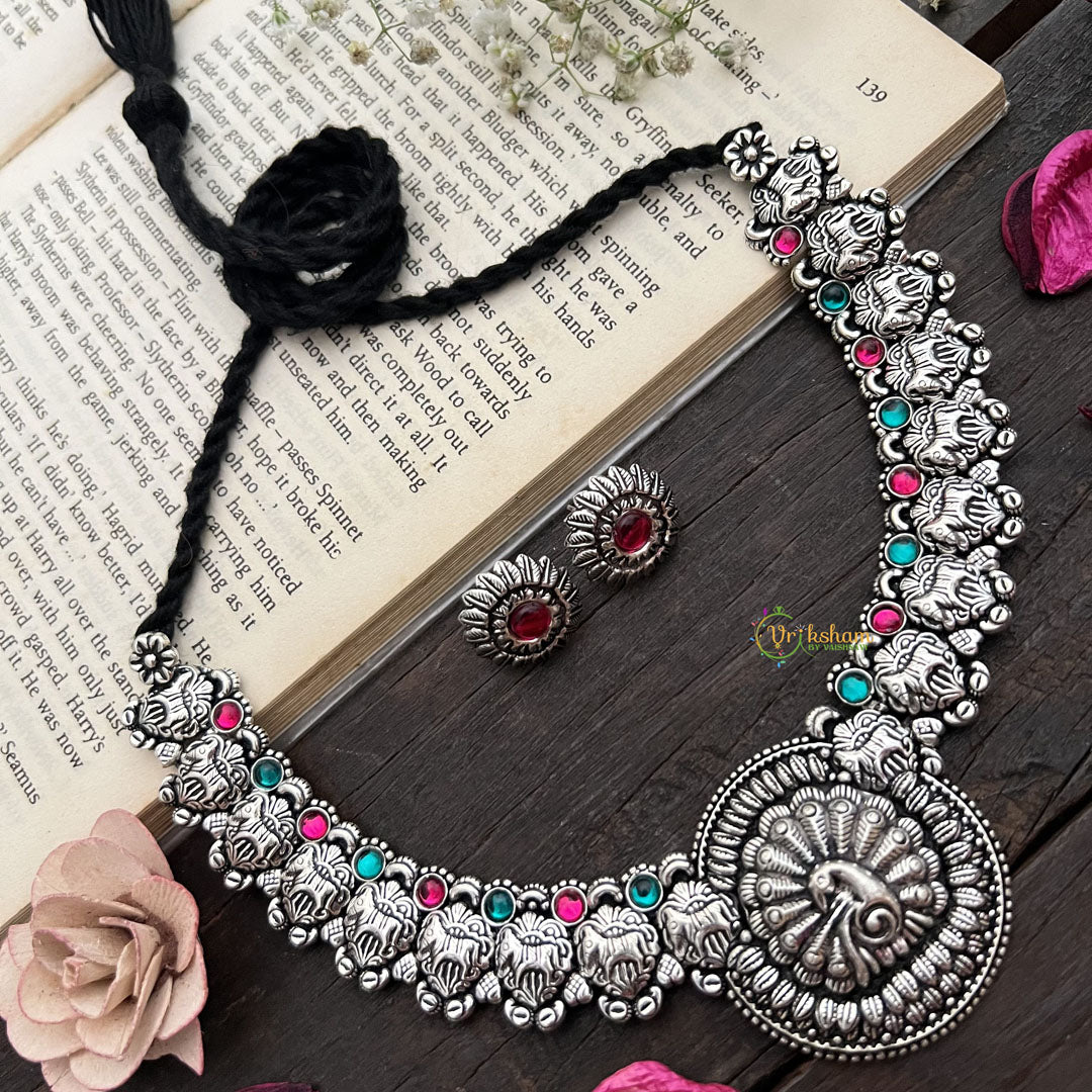 Vriksham Antique Oxidized Silver Peacock Temple Neckpiece-Red & Teal-S909