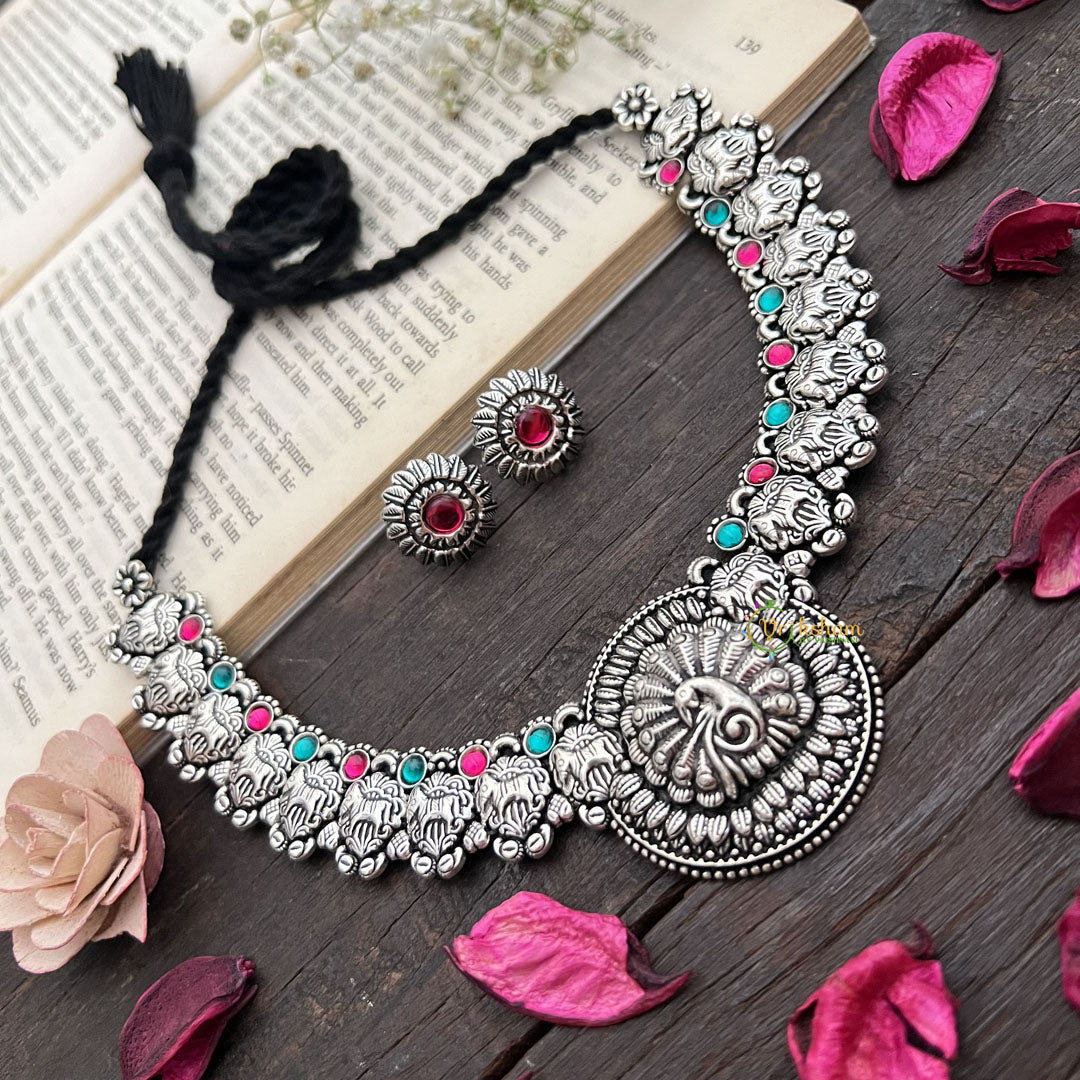 Vriksham Antique Oxidized Silver Peacock Temple Neckpiece-Red & Teal-S909