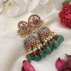 Designer Peacock Jadau Kundan Jhumka-Green Beads-J2503
