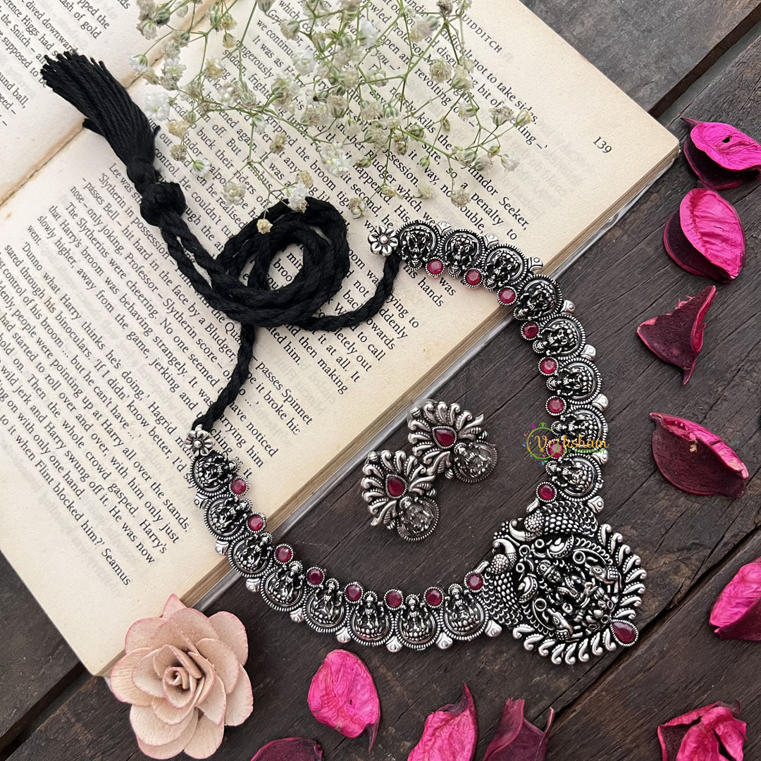 Vriksham Handcrafted Oxidized Silver Temple Lakshmi Neckpiece-Red-S911
